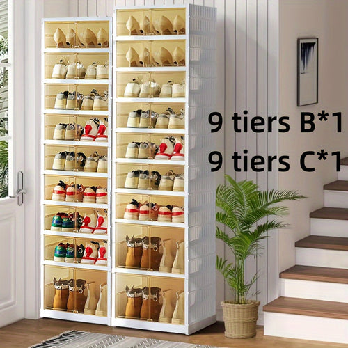 1pc/2pcs Heavy-Duty Collapsible 9-Tier Shoe Cabinet Organizer - Clear Plastic Foldable Stackable Shoe Rack with Shelves, Space-Saving Narrow Storage for Hallway, Apartment, Small Spaces - No Assembly Required (Shelves & Doors)