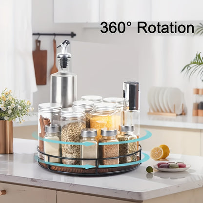 1pc Wooden Storage Rack with Steel Armrests, Turntable Organizer for Cupboard Pantry Kitchen Countertop Refrigerator Cabinet, Sundries Organizer, Rotating Solid Wood Tray, Home Storage