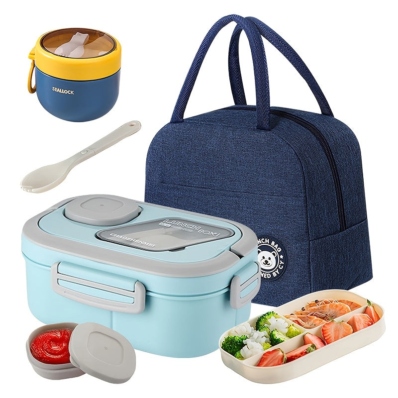 2-Layer Bento Box Set with Multiple Compartments | Bento Box, Cup, Bag, Cutlery, and Sauce Box - Microwave Safe, Temperature-Retentive, Suitable for School, Work, and Outdoor Meals