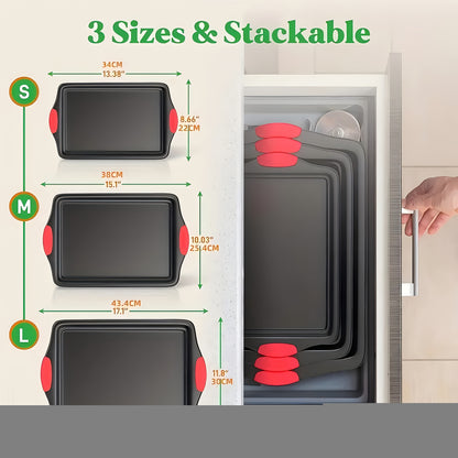 Set of 3 Carbon Steel Non-Stick Baking Pans | Additions for Oven & Toaster, Suitable for Commercial Use, Double-Sided Non-Stick End, Elegant Design with Red Silicone Handle - Safe for Oven Use, Professional Kitchen Tools