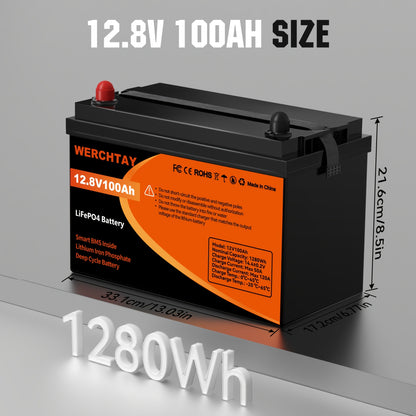 LiFePO4 Battery 12.8V 100Ah 200Ah 300Ah A+ Grade Cells 25000 Deep Cycles Intelligent BMS for Home Energy Storage RV Off-Grid Solar Camping Outdoor Power