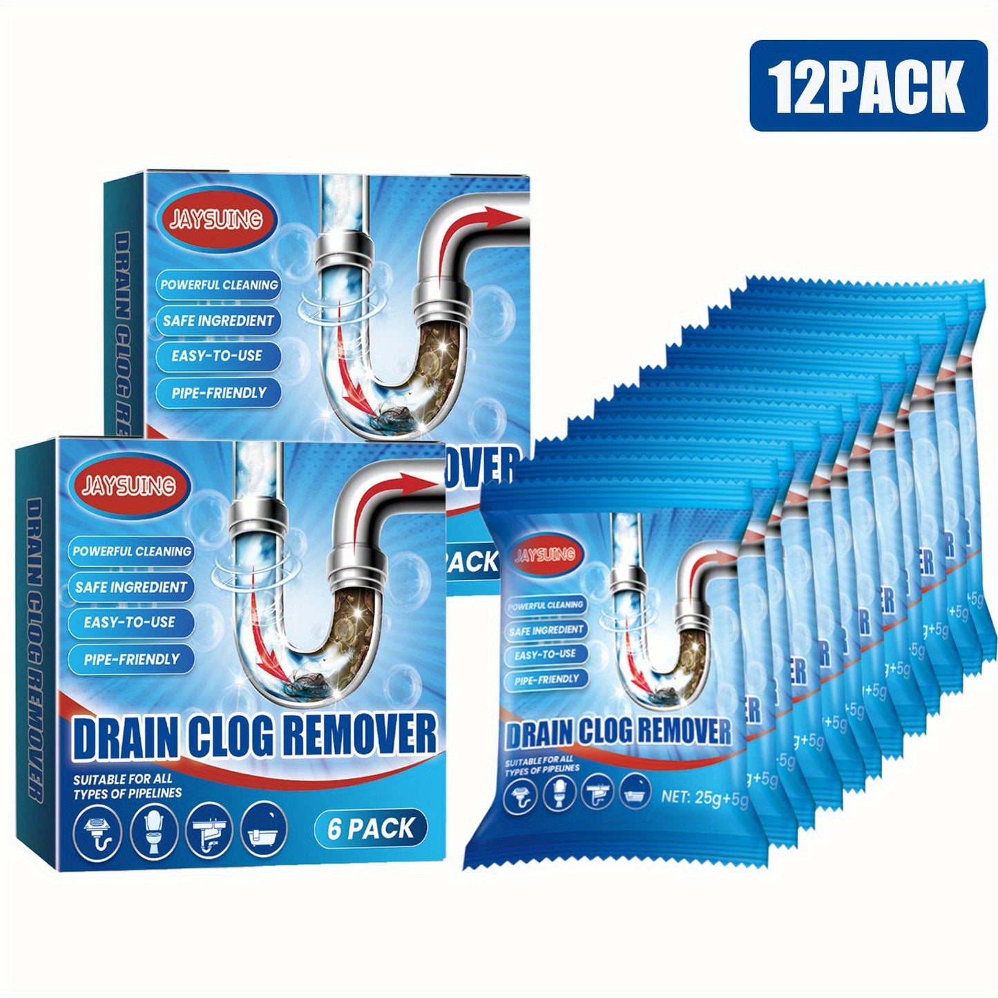 2Box-12Packs Total, Multi-Purpose Drain Cleaner Powder - Unclogs And Freshens Kitchen, Bathroom, Toilet And Floor Drains, Eliminates Stains And Odors