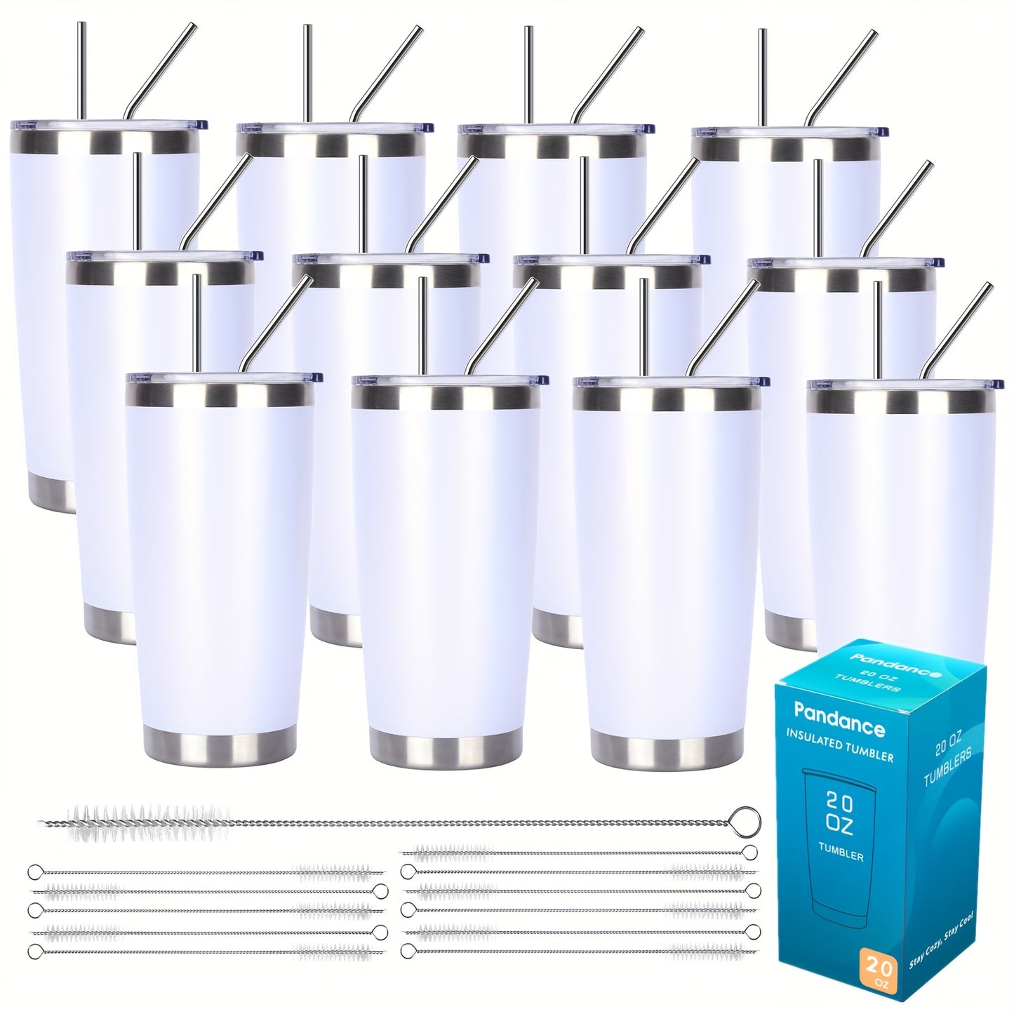 8/12/24pcs 20Oz 304 Stainless Steel Insulated Tumblers with Lid And Straw Bulk, Double Wall Vacuum Water Cups for Hot & Iced Coffee Drinks Travel Mug