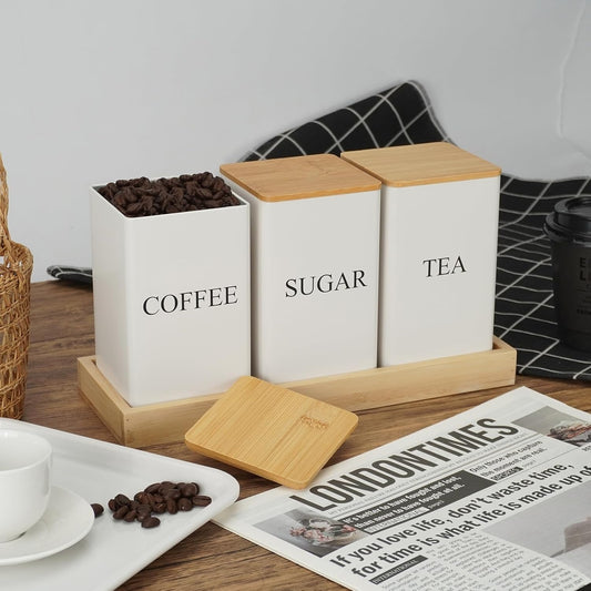 3pcs/Set Canister Tea Coffee Sugar Canisters, Metal Storage Tin for Coffee, Sugar & Tea - Kitchen Storage Jars with Wooden Lid, Coffee Tea Sugar Set - Black or White, Home Organizer Canister, Daily Supplie, Gift