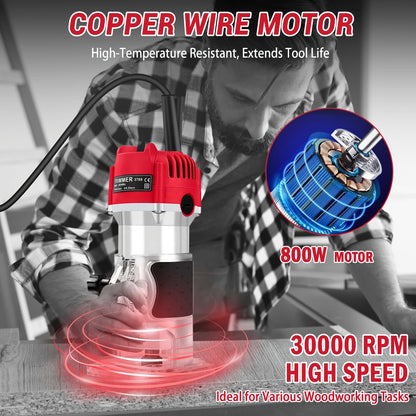800W Compact Wood Router, 30000r/min Heavy-Duty Electric Wood Router, Hand Wood Router Tool with 15pcs 1/4" Router Bits for DIY And Woodworking, Trimming, Carving, Nonslip Handle, Precision Engraving