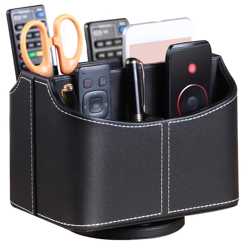 360° Swivel Remote Control Holder with 5 Compartments, PU Leather Multifunctional Desktop Organization Storage Box/Remotes Caddy/Makeup Organizer Basket for TV Controllers, Mobile Phones, Glasses, Cosmetics, Stationery. Home Decor and Accessories, Shelf B