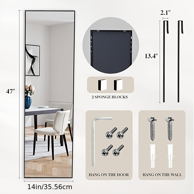 47x14 Full Length Mirror Over The Door/Wall Mounted - Vertical Hanging Mirror with Lightweight Aluminum Alloy Frame, Full Body Dressing Mirror Suitable for Bedroom, Living Room, Entryway - Install, Space-Saving Vertical Mirror