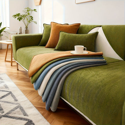 1pc of Pet-Friendly Chenille Ribbed Sofa Cover That Is Non-Slip And Machine Washable, Made from Soft Stretch Fabric Suitable for 2, 3, Or 4-Seater And Sectional Sofas. It Enhances Contemporary Home Decor in Living Rooms, Bedrooms, And Offices