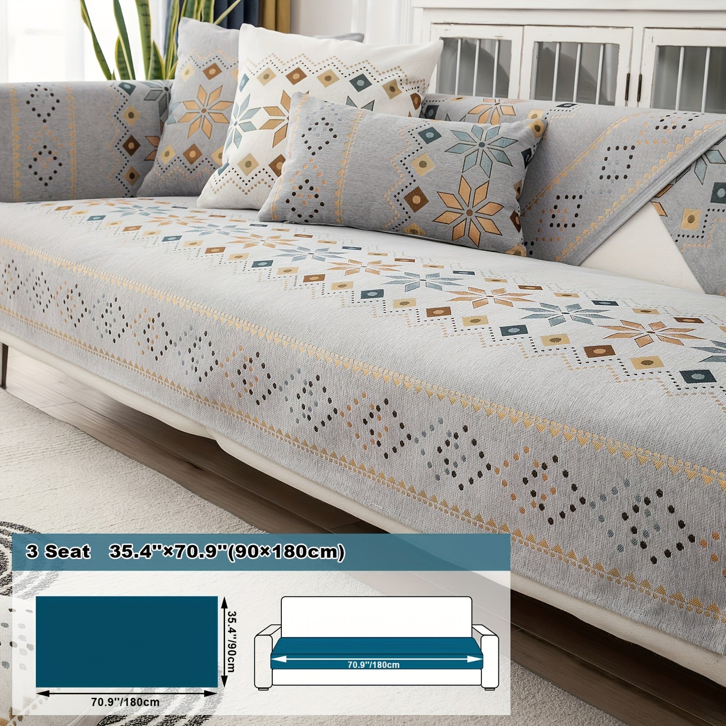 One Bohemian-style chenille sofa cover, suitable for pet-friendly families. Non-slip plush sofa cover with embroidered details. Fits two/three/four-seater sofas or single sofas, including backrests and armrests. Machine washable, soft sofa cover