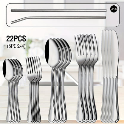 Stainless Steel Flatware Cutlery Set, 20/22/40/60/72pcs For 4/8/12, Silvery/Black, For Home Kitchen Restaurant Hotel, Kitchen Utensils Set, Mirror Polished, Dishwasher Safe, Perfect For Gifts And Weddings.Local Warehouse, Father'S Day Gifts