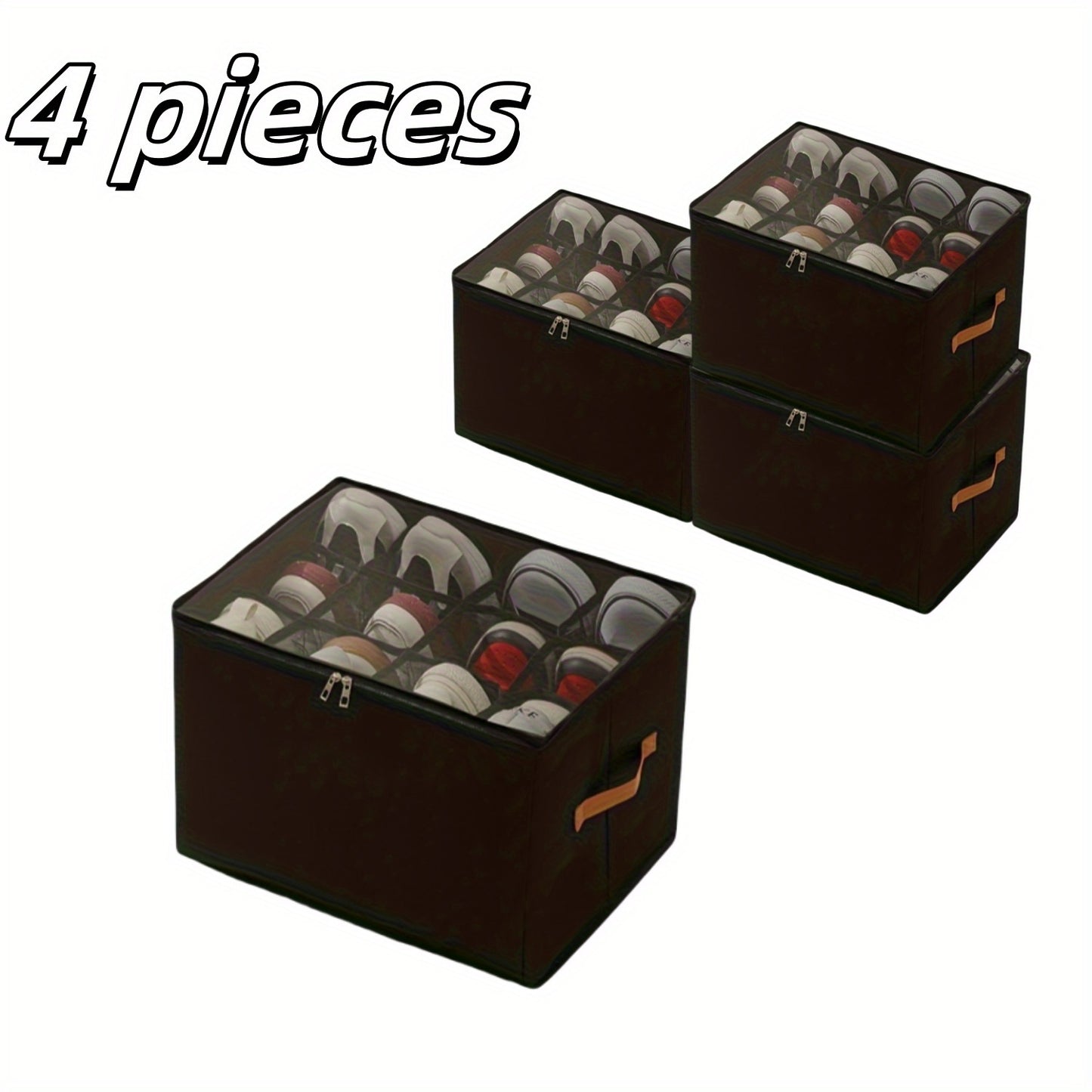 4/2pcs Oxford Fabric Space-Saving Shoe Storage Organizer, with Adjustable Dividers, Transparent Lid & Handles, Capacity for 12 Pairs, Foldable Design, Used for Shoes, Apparel & Accessories, Zippered Dustproof Closure, Trunks