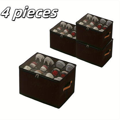 4/2pcs Oxford Fabric Space-Saving Shoe Storage Organizer, with Adjustable Dividers, Transparent Lid & Handles, Capacity for 12 Pairs, Foldable Design, Used for Shoes, Apparel & Accessories, Zippered Dustproof Closure, Trunks