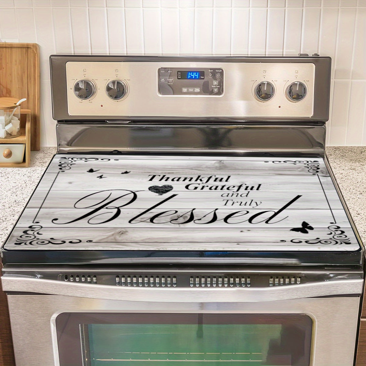 1pc Stove Top Cover, Synthetic Heat Resistant & Scratch-Proof Glass Protector with 'Thankful Grateful & Blessed' Design, Multipurpose Kitchen Decor for Cooktops, Ovens, Washers & Dryers, 28.5x20.5 Inches, Easy to Clean