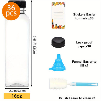 20pcs/36pcs/56pcs/100pcs Juice Bottles, 12/16oz Plastic Bottles With Lids, Reusable Clear Containers For Juice, Smoothies, Cola, Water And Other Beverages, Summer. Funnel & Brush (Color Random).
