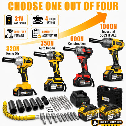 21V Cordless High Torque Impact Wrench, Wireless Drill Kit, Impact Driver, Brushless Electric Impact Gun Drill Torque. 2.0AH/4.0AH 1/2 Batteries & Charger, 6 Sockets & Full Accessories, Electric Power Tools for Car & Home Use, Accessories Sold