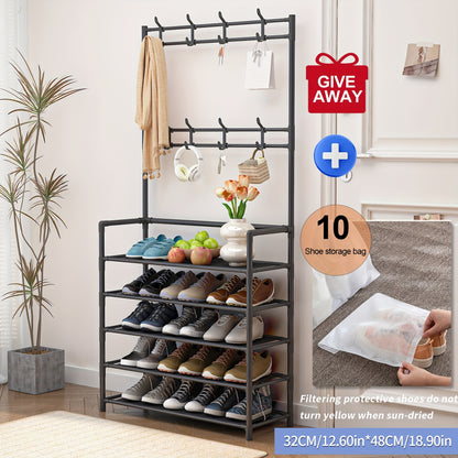 Shoe Rack Organizer with 8 Double Hooks & Multi-Layer Storage Shelves – Floor Standing Coat Hat Holder for Entryway Bedroom Living Room