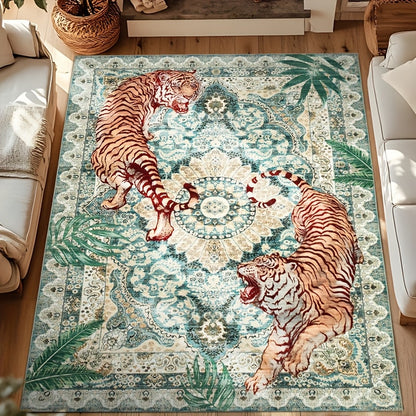 A Regional Area Rug with a Tiger Design Inspired by Jungle Forests, This Washable Carpet Is Perfect for Living Rooms And Bedrooms. It Features a Non-Slip Surface And Is Ultra-Thin, Making It Suitable for Home Offices And Indoor Decoration