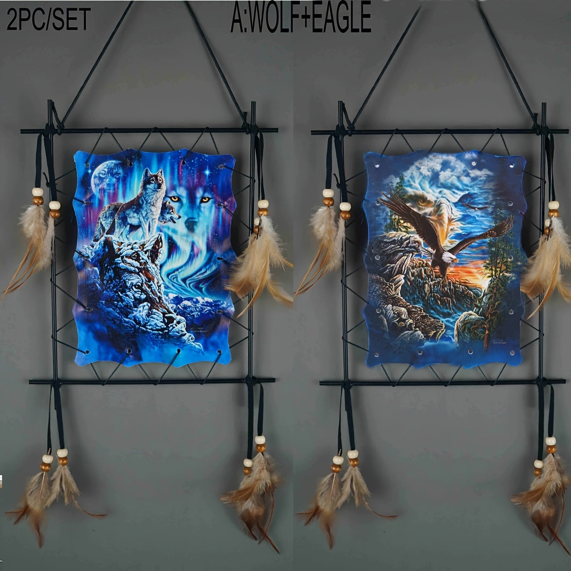 2pcs/SET Wolf Eagle Dream Catchers Canvas Printing Rectangle Shape Living Room Background Wall Layout, Wall And Door Decor, Suitable for TV Background Wall, Living Room, Entryway Wall And Other Decorations