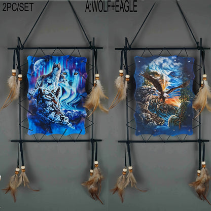 2pcs/SET Wolf Eagle Dream Catchers Canvas Printing Rectangle Shape Living Room Background Wall Layout, Wall And Door Decor, Suitable for TV Background Wall, Living Room, Entryway Wall And Other Decorations