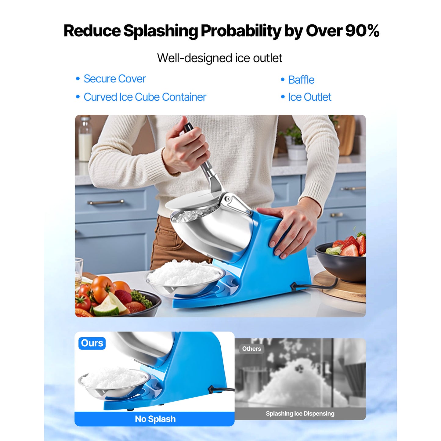 VEVOR Commercial Ice Crusher 286LBS/H Electric Snow Cone Maker Shaved Ice Blue/sliver