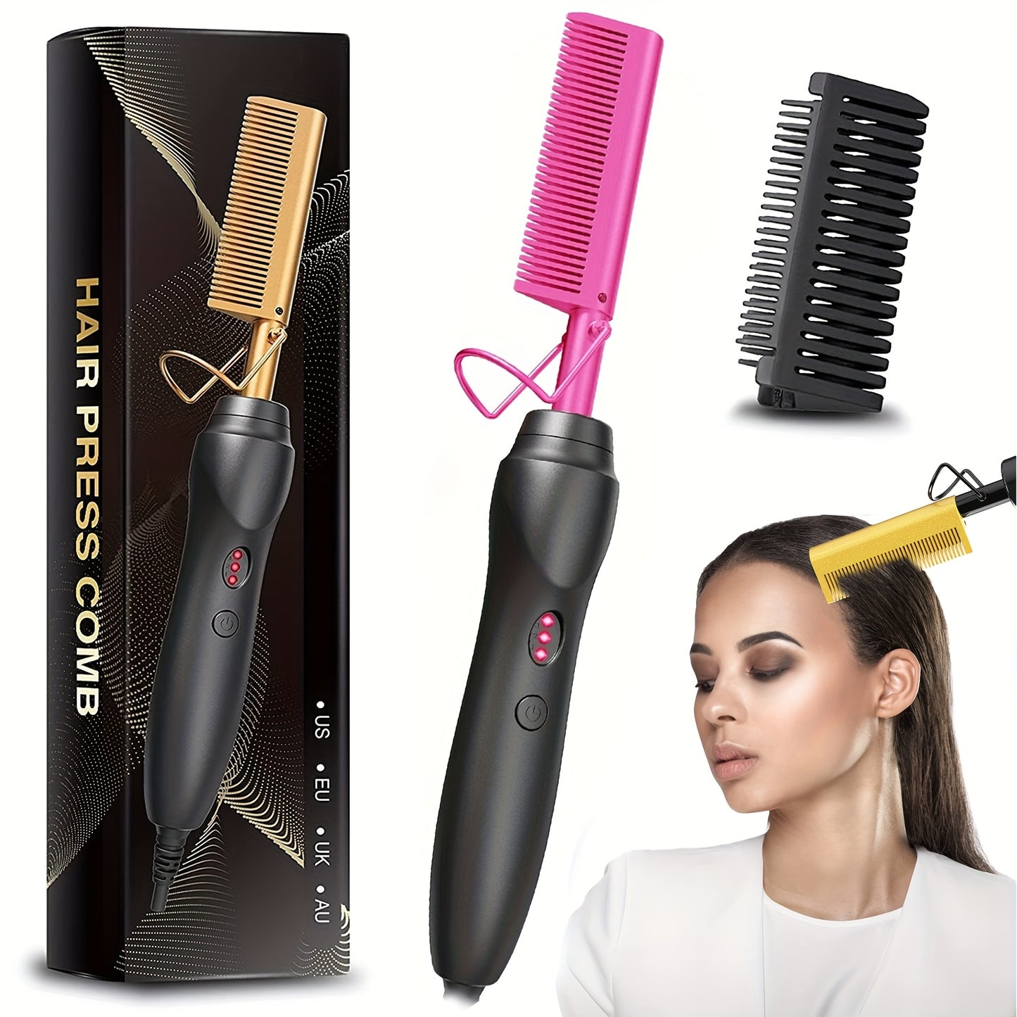 Color Hot Comb Hair Straightener Heat Pressing Combs - Ceramic Electric Hair Straightening Comb, Curling Iron for Natural Hair Beard Wigs Hair Tools, Holiday Gifts (Bonus: 2 Clips + 1 Comb)