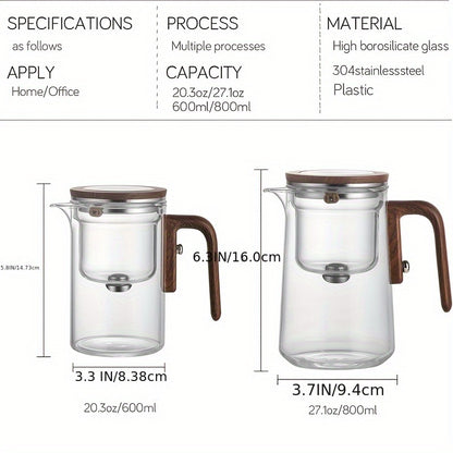 20.29oz/27.05oz Glass Teapot One-Button Filter Tea Kettle Water Separation Glass Tea Pot with Infuse And Wooden Handle for Blooming Tea & Loose Leaf Tea White Elephant Gift Christmas Gifts Stocking Stuffers for Men Women Adults Teens Womens