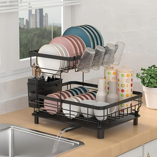 Dish Drying Rack, 2 Tier Dish Racks for Kitchen Counter, Large Stainless Steel Kitchen Dish Drying Rack, Detachable Large Capacity Dish Drainer Organizer with Utensil Holder, Drain Board