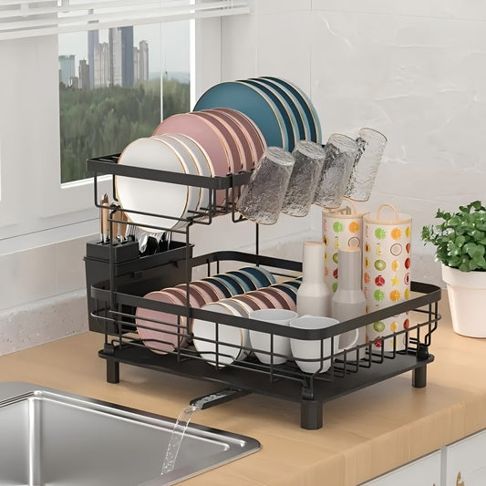 Dish Drying Rack 2-Tier Large Capacity Stainless Steel Detachable Dish Drainer for Kitchen Counter with Utensil Holder and Drain Board in Black White Gray
