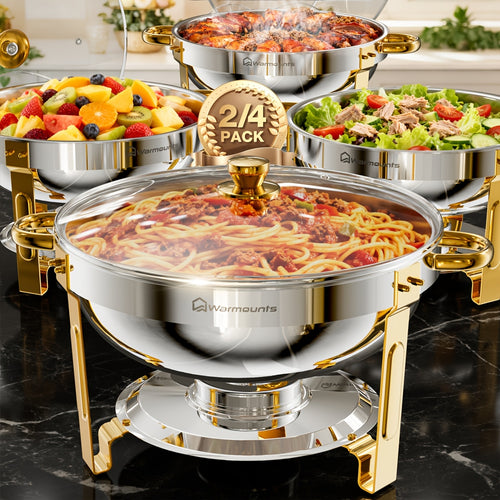 WARMOUNTS Golden Chafing Dishes Buffet Set, 5QT 2/4PACK Round Stainless Steel Chafer Buffet Server Food Warmer with Glass Lid, Mirror-Polished Rolled Rim Stackable, Lid Holder for Summer Party Wedding Catering Camping Events, Only for Cooking