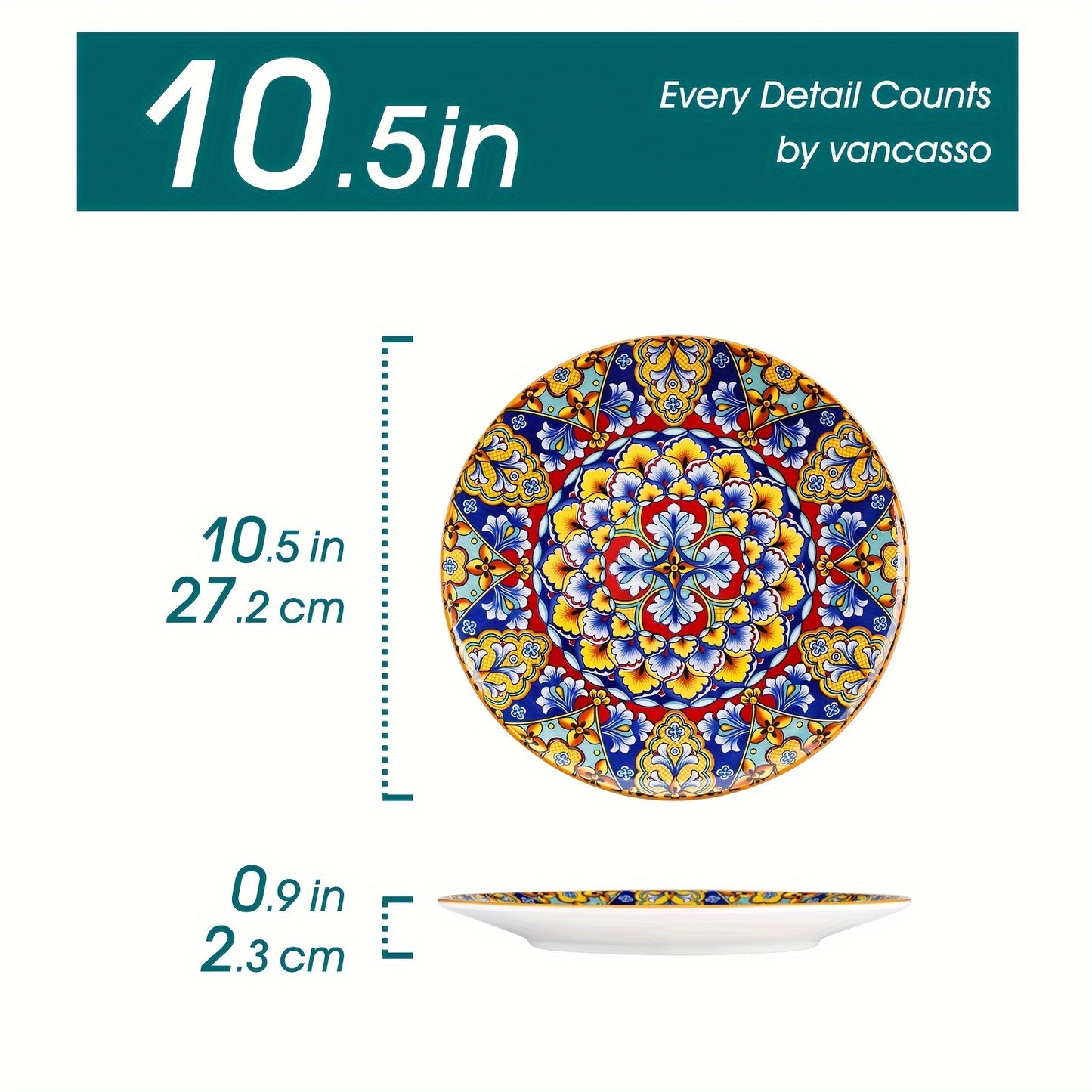 10.5 Inch Colorful Bohemian Style Dinner Plates, Set Of 6
