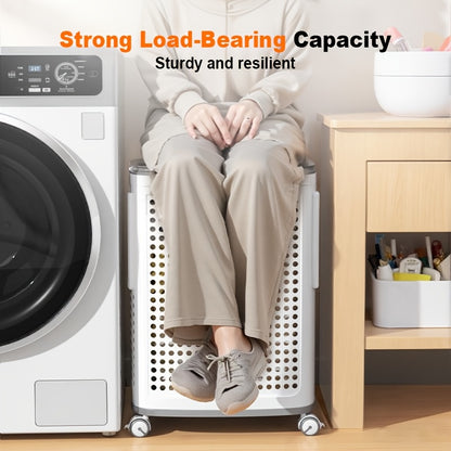 Large Rolling Laundry Basket with Lid And Wheels - Foldable Ventilated Plastic Storage Bin with Lockable Casters, Inner Small Basket for Underwear, Space-Saving Multi-Purpose Organizer for Clothes, Bathroom And Laundry Room, Laundry Baskets