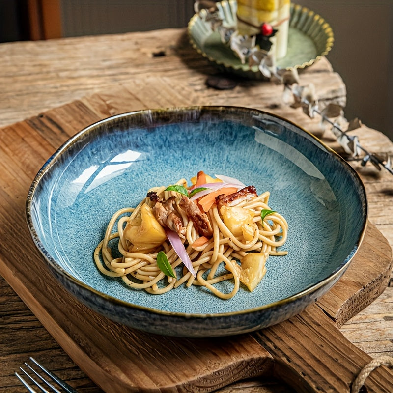 9 Inch Ceramic Salad Soup Plate - Brown Blue Gradient with Unique Irregular Edge Design, Handcrafted Artisan Tableware, Dishwasher Safe for Family Dining & Guest Hospitality