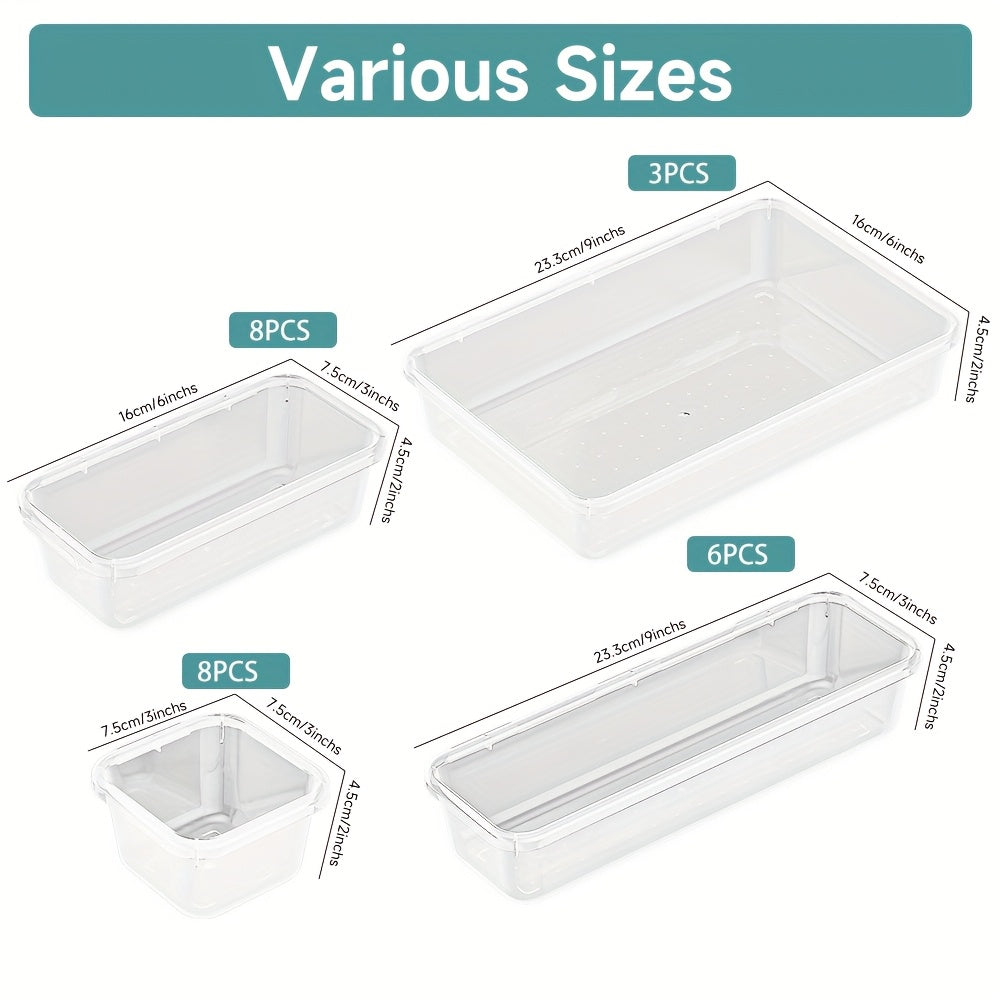 25pcs Transparent Drawer Organizer Set, Multifunctional Plastic Storage Box, Bathroom And Dressing Table Drawer Organizer Tray, Storage Tray, Cosmetics Storage Box, Jewelry, Bedroom, Office
