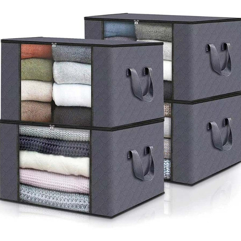 Large Capacity Storage Bags 4-Pack – 23.78 Gallon Foldable Closet Organizer Bins with Reinforced Handles for Clothing, Blankets, Comforters, Bedding & Under-Bed Storage – Black & Gray