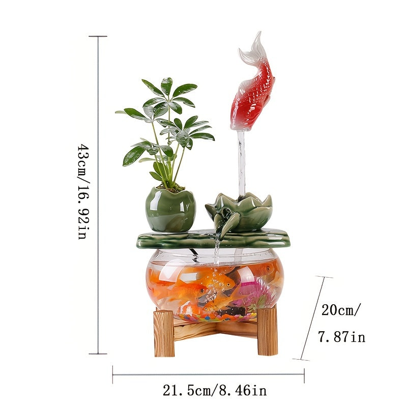 1pc USB Powered Glass And Ceramic Fish Waterfall Fountain, Relaxing Desktop Water Feature in The Living Room, Equipped with Decorative Glass Fish And Plants, a Unique Desktop Fountain Gift for Friends