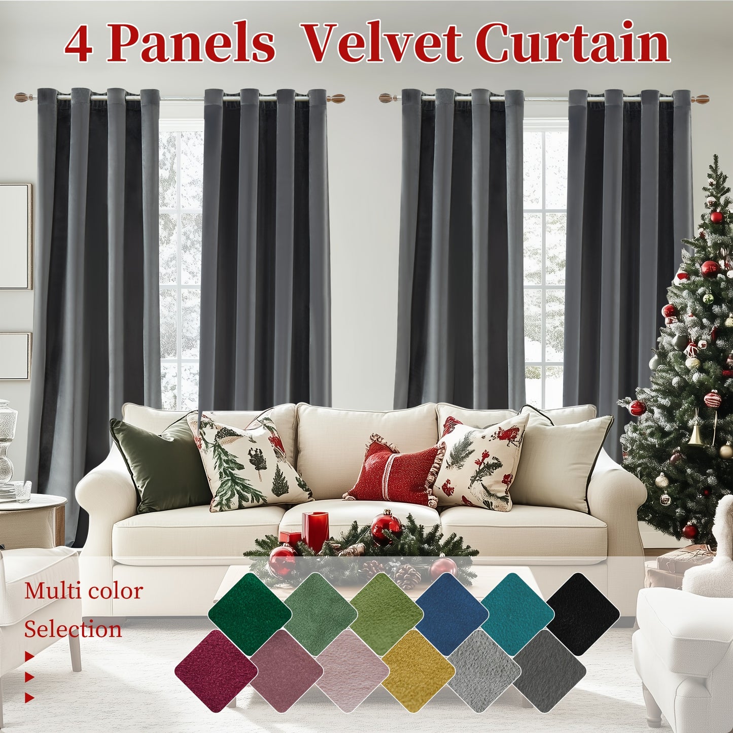 4pcs Luxury Velvet Blackout Curtains - Thermal Insulation & Noise Reduction, Soft Drapes for Living Room and Bedroom Decor, Grommet Top, Christmas Decoration