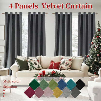 4pcs Luxury Velvet Blackout Curtains - Thermal Insulation & Noise Reduction, Soft Drapes for Living Room and Bedroom Decor, Grommet Top, Christmas Decoration
