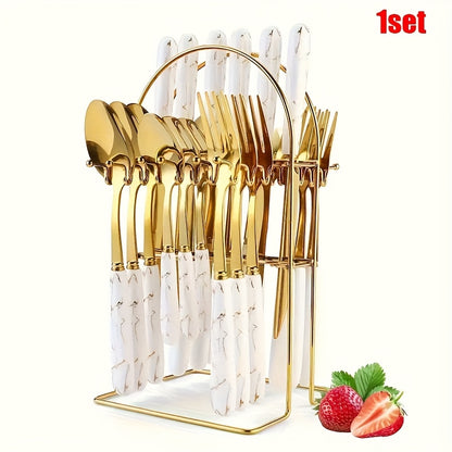 24pcs Cutlery Set, Elegant Marble Pattern Multi-Functional Tableware, Suitable for Restaurants and Desserts, Includes Dinner Forks, Soup Spoons, and Teaspoons - Ideal for Home and Hotel Kitchen Dining, Fanyishu Outdoor Tableware