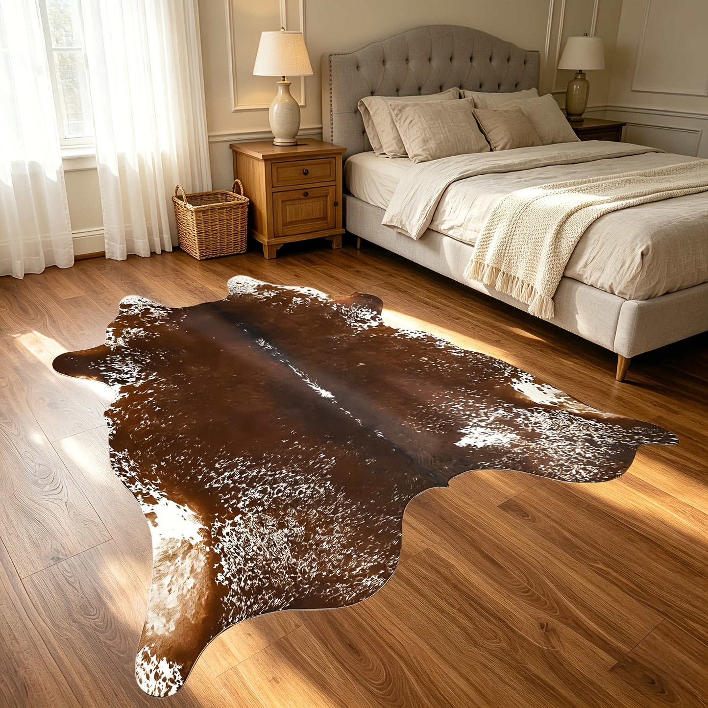 Faux Cowhide Rug Brown Western Style Area Carpet | Non-Slip Suede Backing | 5.2×4.6 & 6.2×5.2 Ft | Living Room Bedroom Office