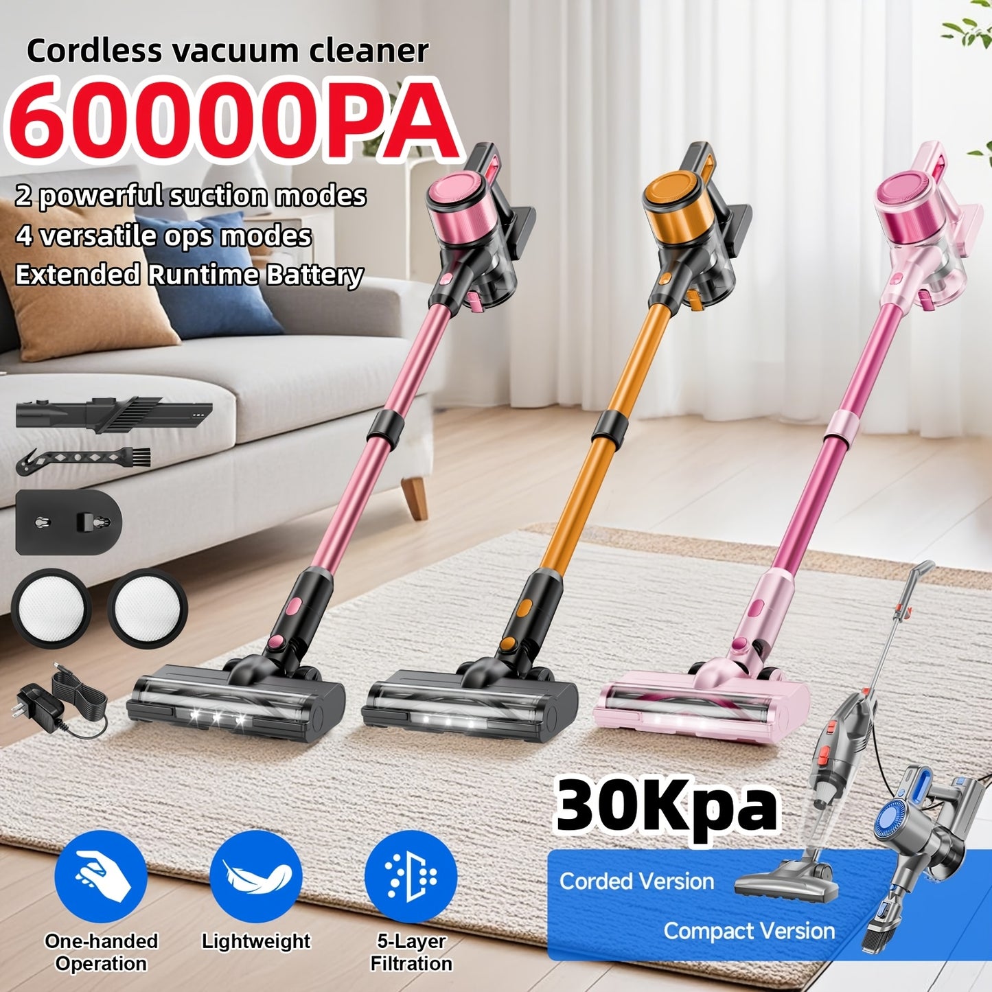 30-60Kpa Powerful Stick Vacuum, Up To 55Mins, Vacuum Cleaners For Home Anti-Tangled Lightweight Handheld For Hardwood Floor, Carpets, Pet Hair Includes Corded And Cordless Vacuum Cleaners