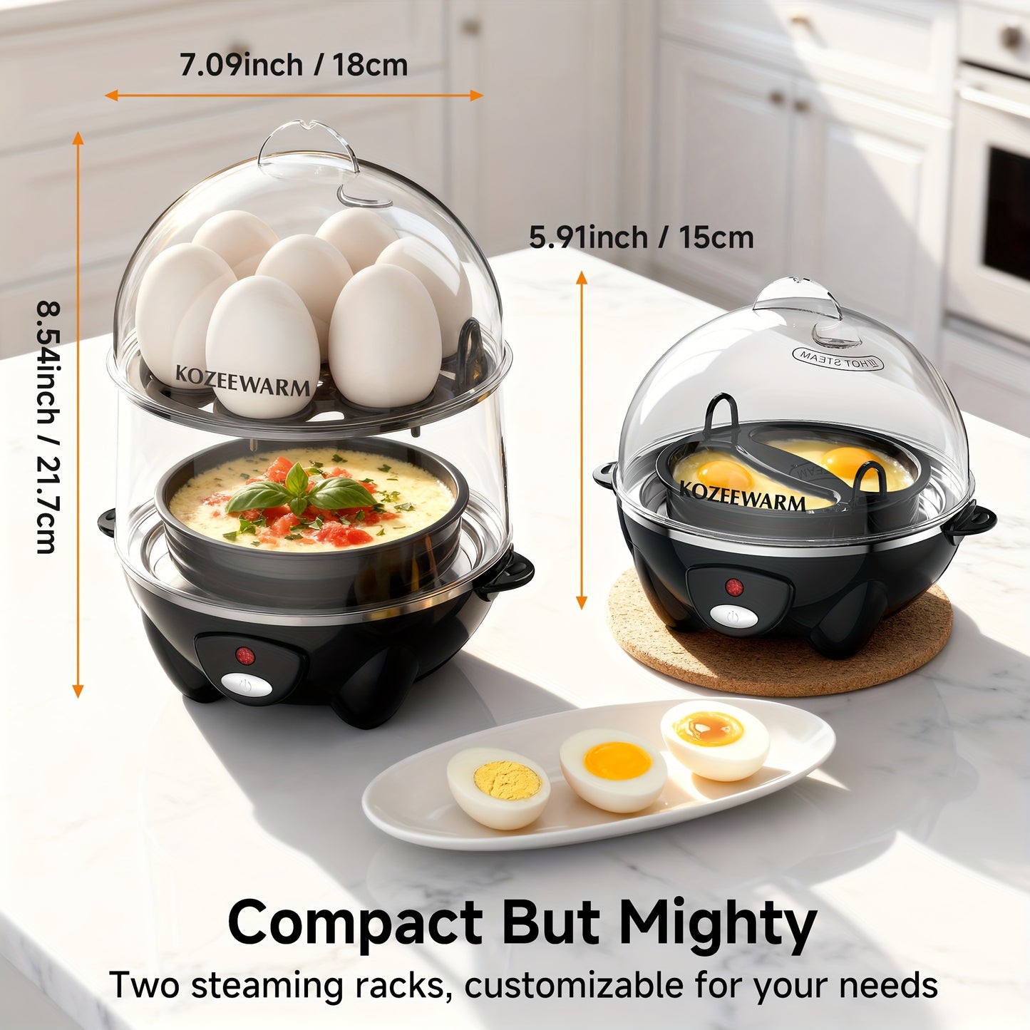 Egg Cooker with Auto Shut-Off – Single & Double Layer Electric Egg Boiler for Hard Boiled, Soft Boiled, Scrambled, Omelette Eggs, Steamed Vegetables & Dumplings