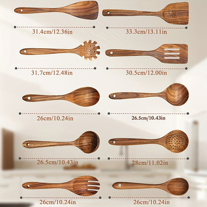 6/10pcs Wooden Kitchen Utensils, Non-Stick Cookware Set, Natural Wooden Spoon, Mixing Spatula And Wok Spatula With Ergonomic Handle, Suitable For Non-stick Pans, Heat-resistant, Easy To Clean And Durable Kitchen Essential Cookware Accessories.