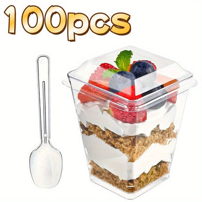 (Quick Arrival) 50/100/150/200 Packs 5oz Plastic Dessert Cup with Lid & Spoon Set, Pudding Cup with Lid, Mini Dessert Cup, Party Gathering Use, Suitable for Large Gatherings, Family Gatherings, Camping Picnics