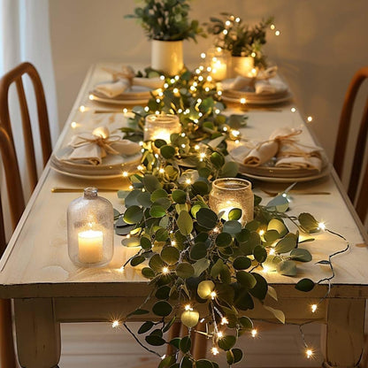 Eucalyptus Leaf Wreath String Lights 4pcs Battery Powered Warm LED Fairy Lights for Holiday Table Centerpiece Indoor Home Decoration