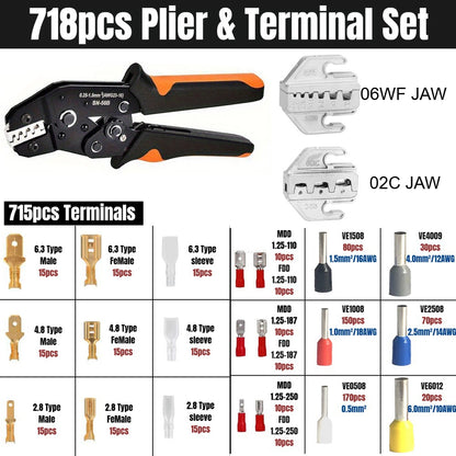 Wire Crimper Kit 718pcs SN-68B Ratchet Crimping Tool AWG28-16 with Replaceable Jaw & Assorted Terminals – Insulated Cable Connector Male Female Pair Electrical Wiring Set