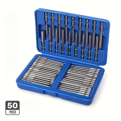 Set of 50 Magnetic Screwdriver Bits - Extended 75Mm Safety Bits for 1/4 Screwdrivers - Includes Torx, Star, Hex, And Spline Bits