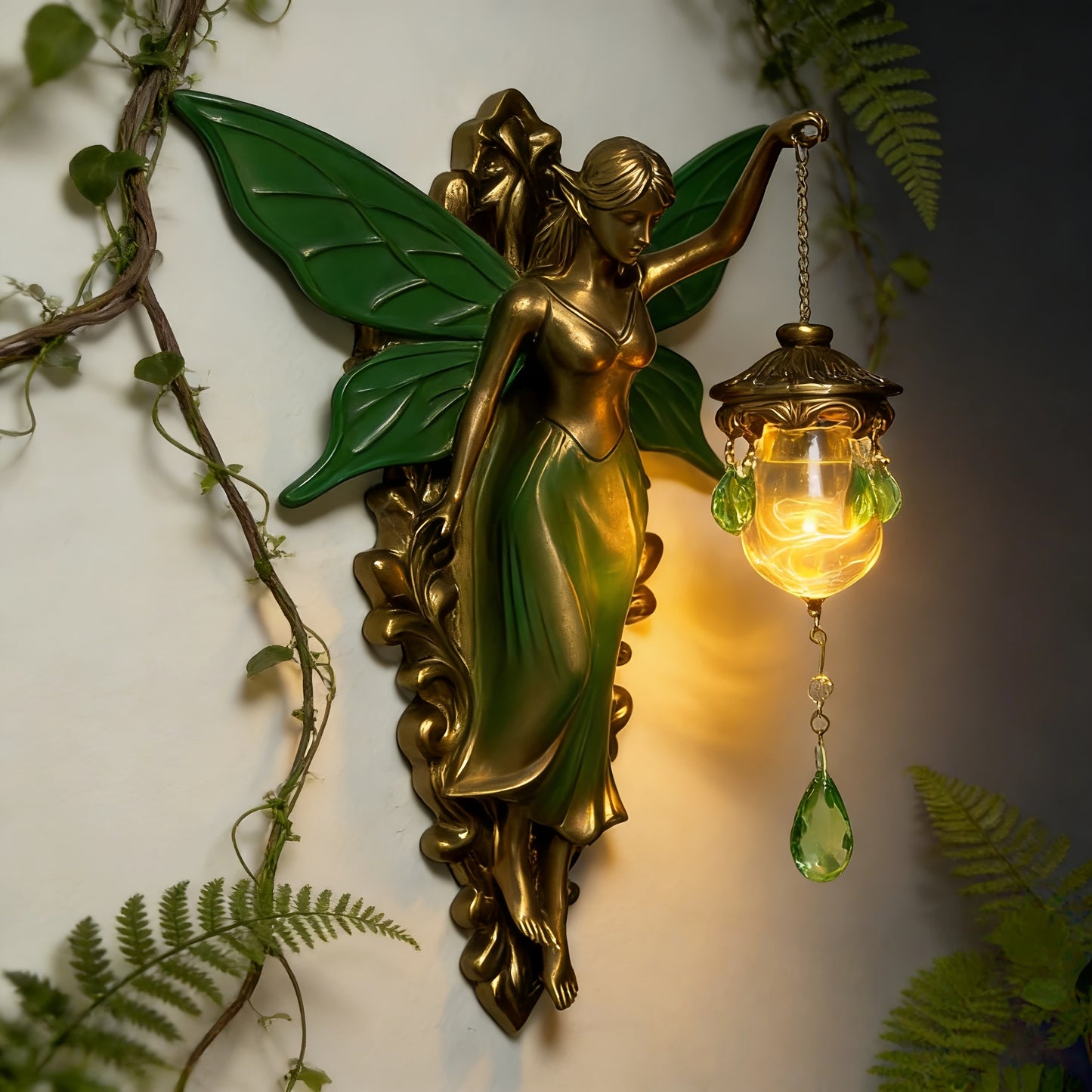 Fairy Statue Wall Decor 9.84in Fantasy Forest Fairy Sculpture – Carved Green Leaf Art Wall Hanging Ornament for Bedroom Living Room – Dreamy Fairy Tale Home Decor Gift for Fairy Lovers Easter Spring