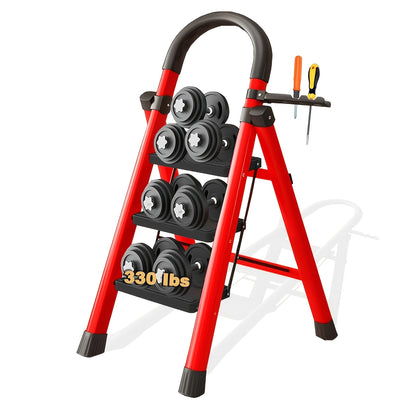 Step Ladder, Folding 2/3/4/5 Step Stool with Wide Anti-Slip Pedal, Sturdy Steel Ladder, Convenient Handrail & Small Storage Slot, Rust-Resistant Material, Lightweight, Portable Step Stool, Suitable for Home, Kitchen, Office Use, Free Gloves&Foot Pad