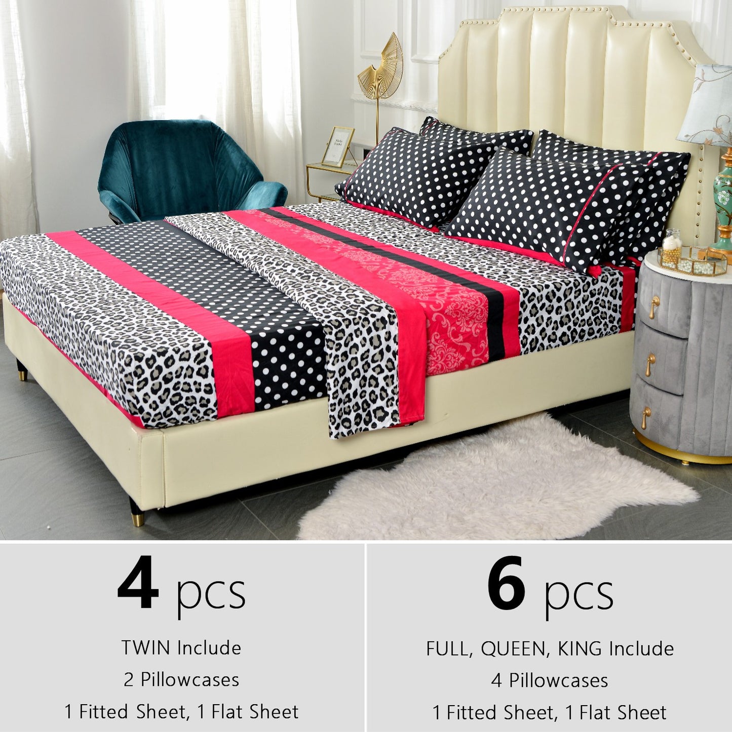 4/6pcs Printed Microfiber Bed Sheet Set – Easy Care, Lightweight, Breathable, and Soft - 14 inches Deep Pocket - Patchwork Patterned - Twin, Full, Queen and King