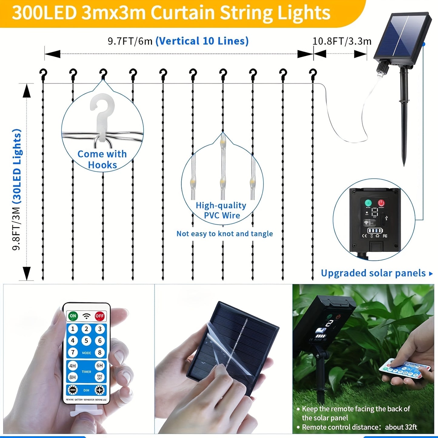 Solar Curtain Lights Outdoor 300 LED Waterfall Fairy String Lights with 8 Modes Remote Control USB Rechargeable Dimmable Timer for Christmas Gazebo Party Wedding Window Decor